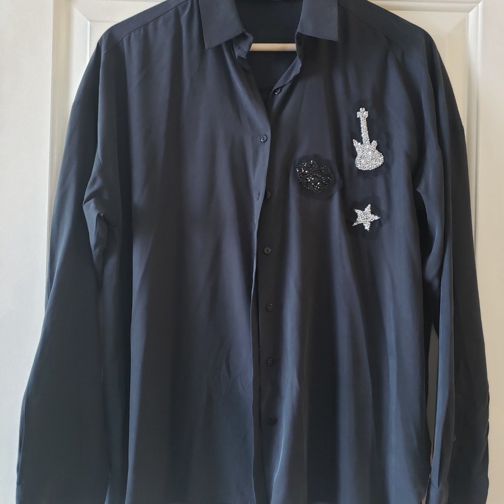 Zara NWOT Black Guitar Applique Shirt.